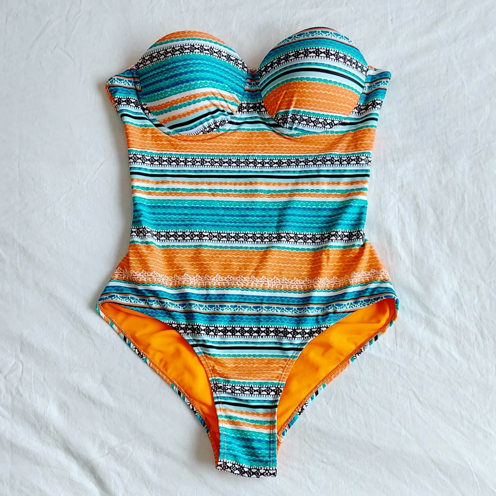 TiniBikini Turquoise and Orange Stripe One-Piece Swimsuit